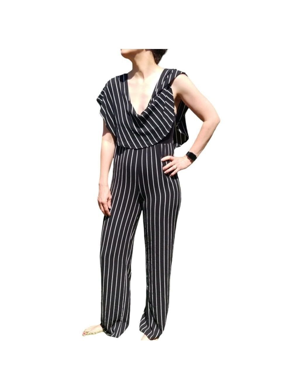 Mind Code Jumpsuit Wide Leg Navy Blue and White Stripes Size Medium